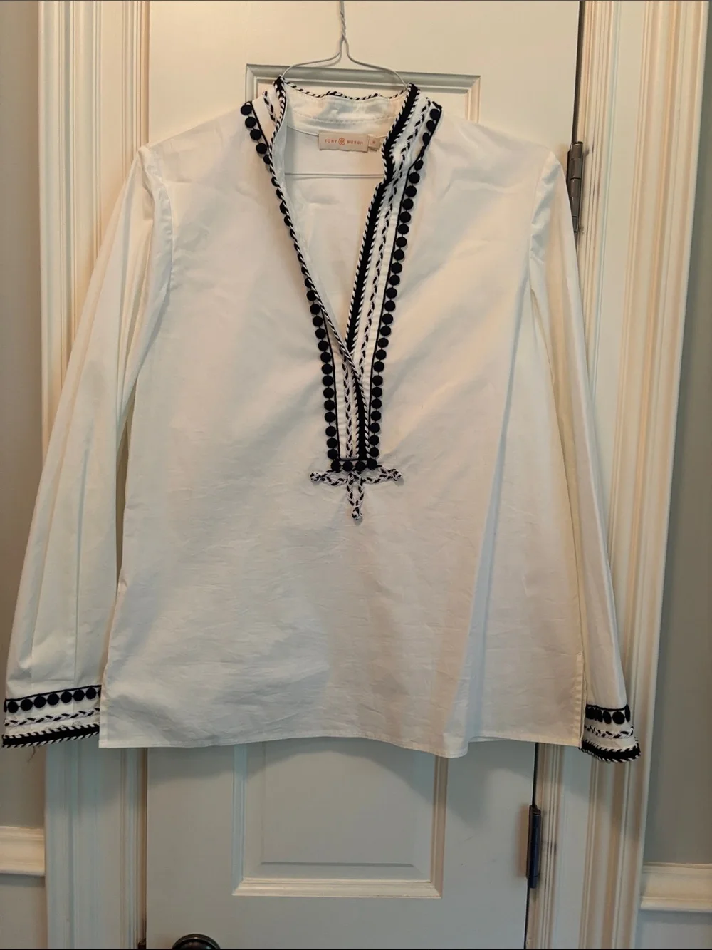 Tory Burch White Tunic with Navy Embroidered Trim